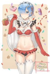 Rule 34 | 10s, 1girl, 2016, 5ya, alternate costume, bad id, bad pixiv id, blue eyes, blue hair, box, breasts, candy, candy cane, carrying, christmas, cleavage, commentary request, detached collar, elbow gloves, food, gift, gift box, gloves, hair over one eye, highres, holding, looking at viewer, maid headdress, merry christmas, midriff, navel, re:zero kara hajimeru isekai seikatsu, rem (re:zero), sack, short hair, smile, solo, standing, thighhighs, white thighhighs
