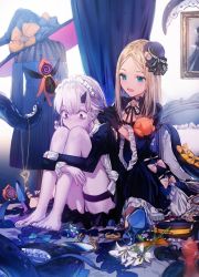 Rule 34 | 2girls, abigail williams (fate), backlighting, bad id, bad twitter id, bags under eyes, barefoot, black dress, black footwear, black gloves, black headwear, blonde hair, blue eyes, blush, bow, bracelet, curtains, dangmill, dress, fate/grand order, fate (series), forehead, gloves, hair bow, hair brush, hand mirror, hat, high heels, horns, hugging own legs, jewelry, key, knees up, lavinia whateley (fate), long hair, long sleeves, maid headdress, mini hat, mirror, multiple girls, neck ribbon, open mouth, orange bow, pale skin, parted bangs, pendant, ribbon, saint quartz (fate), single horn, sitting, smile, stuffed animal, stuffed toy, teddy bear, tentacles, thighs, tying hair, wide-eyed, witch hat