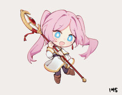 Rule 34 | alternate costume, arknights, belt, blue eyes, blue poison (arknights), blush, brown belt, brown footwear, brown pants, chibi, cosplay, dress, drop earrings, earrings, frieren, frieren (cosplay), full body, holding, holding staff, jewelry, open mouth, pants, parted bangs, pink hair, red ribbon, ribbon, ruri (dailybloopy), simple background, sousou no frieren, staff, twintails, white background, white dress