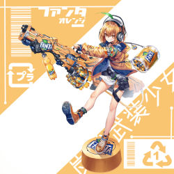 Rule 34 | 1girl, anklet, arrow (symbol), text background, barcode, belt, black belt, bob cut, bottle cap, commentary, cross-laced footwear, dress, english text, fang, fanta, grin, gun, headphones, heirou, highres, holding, holding gun, holding weapon, hood, hood down, hooded jacket, huge weapon, jacket, jewelry, leaf, leg up, logo, long sleeves, looking at viewer, no socks, open clothes, open jacket, orange eyes, orange footwear, orange hair, orange jacket, original, pouch, recycling symbol, shoes, short dress, short hair, smile, sneakers, soda bottle, solo, standing, standing on one leg, thigh strap, translated, weapon, white dress