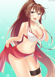 Rule 34 | 10s, 1girl, bad id, bad pixiv id, bikini, blush, breasts, brown eyes, brown hair, cleavage, finger to mouth, kankitsunabe (citrus), kantai collection, large breasts, leaning forward, long hair, navel, open mouth, ponytail, sarong, smile, solo, standing, swimsuit, very long hair, yamato (kancolle)