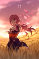 Rule 34 | 1girl, backlighting, bodystocking, breasts, brown dress, dress, echo (circa), fate/grand order, fate (series), frills, gradient sky, grass, heart, cnoc na riabh (fate), long hair, long sleeves, looking at viewer, medb (fate), medium breasts, orange sky, pink hair, pink sky, sidelocks, sky, solo, sunset, tiara, twilight, yellow eyes