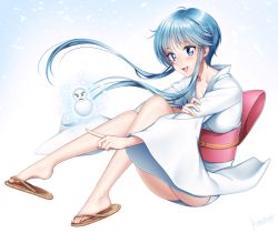 Rule 34 | 1girl, :d, bare legs, blue eyes, blue hair, blush, full body, japanese clothes, jigoku sensei nube, kimono, konogi nogi, long hair, long sleeves, looking at viewer, obi, open mouth, pointing, red sash, sandals, sash, short hair with long locks, sidelocks, smile, snowman, solo, white kimono, wide sleeves, yukime (jigoku sensei nube)
