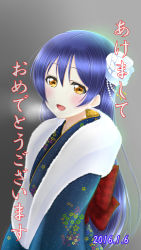 Rule 34 | 10s, 1girl, 2016, blue hair, blush, commentary request, dated, flower, from side, fur trim, hair between eyes, hair flower, hair ornament, japanese clothes, kimono, long hair, looking at viewer, love live!, love live! school idol festival, love live! school idol project, new year, open mouth, roaru (gyuren), simple background, smile, solo, sonoda umi, upper body, yellow eyes