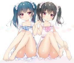 Rule 34 | 10s, 2girls, alternate hairstyle, ass, bare legs, barefoot, black hair, blue hair, blush, dress, feet, holding hands, in-franchise crossover, long hair, love live!, love live! school idol project, love live! sunshine!!, micopp, multiple girls, red eyes, scrunchie, side-by-side, toes, tsushima yoshiko, twintails, twintails day, yazawa nico