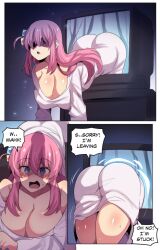 Rule 34 | 1girl, absurdres, ass, bare shoulders, bocchi the rock!, breasts, cleavage, commentary, dress, gotoh hitori, half updo, highres, hinghoi, large breasts, looking at penis, off shoulder, parody, penis shadow, pink hair, shadow, solo, television, the ring, thighs, white dress