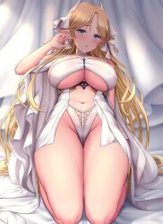 Rule 34 | 1girl, azur lane, bare legs, bare shoulders, blonde hair, blue eyes, blush, breasts, brest (azur lane), clothing cutout, collarbone, dress, highres, kneeling, large breasts, leotard, long hair, looking at viewer, melopun, open mouth, parted bangs, pointy ears, revealing clothes, solo, thighs, underboob, underboob cutout, white dress, white leotard