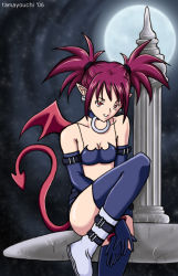 Rule 34 | 00s, 1girl, aged up, ankle boots, bat wings, belt, black gloves, black thighhighs, boots, breasts, buckle, cleavage, collar, collarbone, demon girl, demon tail, disgaea, earrings, elbow gloves, etna (disgaea), full moon, gloves, jewelry, looking at viewer, makai senki disgaea, moon, night, night sky, pillar, red eyes, red hair, simple background, skull, sky, small breasts, solo, tail, tamayouchi, thighhighs, white footwear, wings