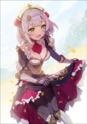 Rule 34 | 1girl, apron, armor, black pantyhose, blunt bangs, braid, breastplate, breasts, cleavage, dress, genshin impact, gloves, green eyes, grey hair, highres, looking to the side, maid, maid apron, maid headdress, noelle (genshin impact), open mouth, oshiri (o4ritarou), pantyhose, short hair, smile, solo, vambraces