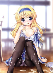 Rule 34 | 10s, 1girl, :d, absurdres, arm support, bare shoulders, bekkankou, black pantyhose, blonde hair, blue eyes, blush, bow, bow bra, bra, bra pull, clothes pull, collarbone, crotch seam, daitoshokan no hitsujikai, dot nose, female focus, flat chest, full-face blush, hairband, highres, indoors, knees together feet apart, knees up, lolita hairband, long hair, looking at viewer, milk, nipple slip, nipples, on floor, one breast out, open clothes, open mouth, open shirt, panties, panties under pantyhose, pantyhose, purple bra, purple panties, reflection, sexually suggestive, shirt, shoshinsha mark, sitting, smile, solo, spilled milk, strap gap, suzuki kana, thighband pantyhose, underwear, wardrobe malfunction, white bra, white panties