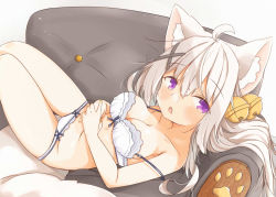 Rule 34 | 1girl, animal ears, bad id, bad pixiv id, bare arms, bare shoulders, bell, blush, bow, bow bra, bow panties, bra, breasts, cleavage, collarbone, commentary request, couch, fang, fox ears, fox girl, fox tail, grey background, grey hair, hair bell, hair between eyes, hair ornament, hairclip, highres, jingle bell, knees up, long hair, looking at viewer, lying, medium breasts, minato yu (0514), nail polish, navel, on back, on couch, original, own hands together, panties, parted lips, purple eyes, solo, tail, underwear, underwear only, very long hair, white bra, white panties, x hair ornament, yellow nails