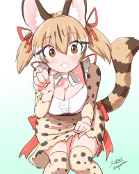 Rule 34 | 1girl, animal ears, belt, bow, bowtie, brown eyes, brown hair, cat ears, cat girl, cat tail, extra ears, kemono friends, kemono friends 3, kemono friends v project, kneehighs, large-spotted genet (kemono friends), long hair, looking at viewer, ribbon, shirt, simple background, skirt, socks, solo, suspenders, tail, taurine 8000mg, twintails, virtual youtuber