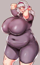 Rule 34 | 1girl, armpit stains, arms up, blush, bodysuit, breasts, bursting belly, cameltoe, eyeshadow, fat, hairband, hip focus, huge breasts, lipstick, long hair, makeup, navel, obese, ponytail, silver hair, skin tight, solo, stain, standing, sweat, sweatsuit, thick thighs, thighs, tight clothes, wide hips, yokkora