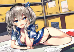 Rule 34 | 10s, 1girl, arm support, beret, black bra, black panties, blue eyes, box, bra, breasts, cardboard box, cleavage, clerk, employee uniform, hat, head rest, kantai collection, kashima (kancolle), large breasts, lawson, looking at viewer, moriki, no pants, open clothes, open mouth, open shirt, panties, paper, shirt, short sleeves, silver hair, smile, solo, striped clothes, striped shirt, teeth, tsurime, twintails, underwear, uniform, wavy hair