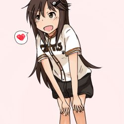 Rule 34 | 10s, 1girl, aizu, brown hair, cat hair ornament, green eyes, hair ornament, hairclip, hands on lap, heart, himekawa yuki, idolmaster, idolmaster cinderella girls, leaning forward, legs together, long hair, looking to the side, open mouth, paw print, pink background, short sleeves, shorts, simple background, skirt, smile, solo, spoken heart, standing