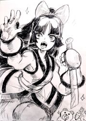 Rule 34 | 1girl, animal, breasts, fingerless gloves, gloves, hair ribbon, highres, legs, long hair, monochrome, nakoruru, open mouth, pants, ribbon, samurai spirits, small breasts, snk, solo, the king of fighters, thighs, traditional media, weapon