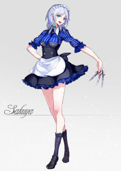 Rule 34 | 1girl, apron, between fingers, black dress, blue eyes, braid, breasts, breasts squeezed together, character name, dress, full body, grey background, holding, izayoi sakuya, knife, looking at viewer, maid, maid apron, maid headdress, open mouth, ryuuzaki ichi, shirt, short sleeves, silver hair, solo, striped clothes, striped shirt, touhou, twin braids, waist apron