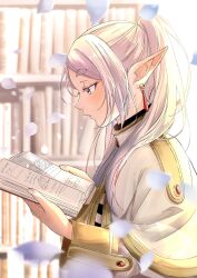 Rule 34 | 1girl, book, capelet, closed mouth, dangle earrings, earrings, elf, expressionless, frieren, from side, green eyes, highres, holding, holding book, jewelry, long hair, long sleeves, omichi 1219, open book, parted bangs, petals, pointy ears, profile, reading, solo, sousou no frieren, thick eyebrows, twintails, upper body, white capelet, white hair