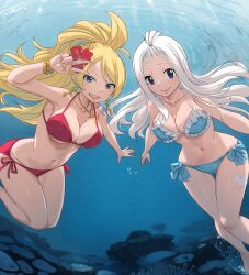 2girls bikini blonde_hair blue_bikini blue_eyes bracelet breasts earrings fairy_tail flower gaston18 grin hair_flower hair_ornament hibiscus highres jenny_realight jewelry large_breasts long_hair looking_at_viewer mirajane_strauss multiple_girls navel red_bikini red_flower side-tie_bikini_bottom smile swimsuit underwater v white_hair