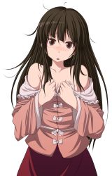 Rule 34 | 1girl, absurdres, bad id, bad pixiv id, bare shoulders, black hair, blush, breasts, brown eyes, brown hair, cleavage, covering privates, covering breasts, female focus, grey eyes, highres, houraisan kaguya, long hair, messy hair, off shoulder, shirt, skirt, small breasts, solo, tears, touhou, transparent background, tsukishiro saika