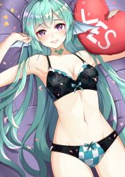 Rule 34 | 1girl, adapted costume, armpits, black bra, black panties, bow, bow panties, bra, breasts, c turtle, cleavage, collarbone, commentary, english commentary, finana ryugu, fins, fish girl, green hair, head fins, heart, heart in eye, heart-shaped pillow, highres, holding, holding pillow, long hair, looking at viewer, lying, medium breasts, midriff, navel, neck tattoo, nijisanji, nijisanji en, on back, on bed, panties, parted lips, pillow, purple eyes, smile, solo, symbol in eye, tattoo, underwear, underwear only, very long hair, virtual youtuber, yes-no pillow