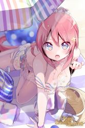 Rule 34 | 1girl, bikini, blue eyes, blush, breasts, cleavage, copyright name, fang, hair ornament, kiya machi, large breasts, long hair, looking at viewer, official art, open mouth, orihime (otogi:spirit agents), otogi:spirit agents, pink hair, ponytail, second-party source, solo, star (symbol), star hair ornament, swimsuit, thighhighs
