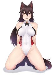 Rule 34 | 1girl, abs, alternate costume, animal ears, arms behind back, black socks, blush, breasts, brooch, brown hair, covered erect nipples, eyeliner, full body, groin, hair between eyes, highres, hip focus, imaizumi kagerou, jewelry, kneehighs, kneeling, large breasts, leotard, looking at viewer, makeup, nicutoka, open mouth, race queen, red eyes, shiny skin, simple background, skin tight, smile, socks, solo, sweat, sweatdrop, tail, thick thighs, thighs, toned, touhou, white background, white leotard, wolf ears, wolf tail