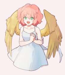Rule 34 | 1girl, :d, angel, angel wings, artist name, bare shoulders, blush, character request, collarbone, dated, dress, green eyes, hair between eyes, lirio (nikori9), looking at viewer, madou monogatari, open mouth, own hands together, pink hair, puyopuyo, short hair, simple background, sleeveless, sleeveless dress, smile, solo, white background, white dress, wings, yellow wings