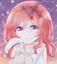 Rule 34 | 1girl, artist name, artist request, blush, bow, breasts, brown bow, curly hair, feathers, female focus, hair between eyes, hair bow, holding, holding feather, long hair, looking at viewer, love live!, love live! school idol project, nail, nail polish, night, night sky, nishikino maki, outdoors, parted lips, pink nails, purple eyes, purple sky, red hair, sailor collar, shirt, short hair, sky, smile, solo, star (sky), upper body, white sailor collar, white shirt