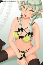 Rule 34 | 1girl, absurdres, bikini, black ribbon, breasts, elf, female focus, goblin slayer!, gradient background, green eyes, green hair, hair ornament, hair ribbon, high elf archer (goblin slayer!), highres, looking at viewer, open mouth, pantsushi, patreon username, pointy ears, ribbon, small breasts, solo, swimsuit, thighhighs, watermark, web address