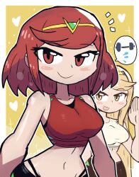 Rule 34 | 2girls, absurdres, bare shoulders, blonde hair, breasts, dumbells, heart, highres, large breasts, long hair, looking at viewer, matching hair/eyes, midriff, multiple girls, mythra (xenoblade), navel, nintendo, pants, pyra (xenoblade), red eyes, red hair, short hair, smile, tony welt, weight, wide hips, xenoblade chronicles (series), xenoblade chronicles 2, yellow eyes