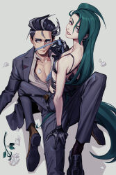 1boy 1girl after_kiss black_hair bra breasts collarbone creatures_(company) earrings flower formal from_above game_freak gloves green_hair grey_hair hetero highres jewelry larry_(pokemon) lipstick lipstick_mark long_hair looking_at_viewer lying makeup multicolored_hair necktie necktie_grab neckwear_grab nicca11y nintendo petals pokemon pokemon_sv ponytail red_eyes red_lips rika_(pokemon) small_breasts smeared_lipstick smile straddling suit two-tone_hair underwear