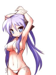 Rule 34 | 00s, 1girl, arms up, bad id, bad pixiv id, bikini, blue eyes, breasts, hiiragi kagami, large breasts, long hair, lucky star, mizushima (p201112), mouth hold, purple hair, simple background, solo, swimsuit, untied