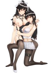 Rule 34 | 2girls, absurdres, animal ears, armband, atago (azur lane), azur lane, bbdaoa (1446759744), black hair, black legwear, black leotard, blush, bow, breasts, brown eyes, choker, crop top, extra ears, fingernails, full body, groin, hair bow, hair flaps, hair ribbon, highres, hug, large breasts, leotard, long hair, looking at viewer, miniskirt, mole, mole under eye, multiple girls, nail polish, navel, o-ring, one breast out, on one knee, pantyhose, parted lips, pleated skirt, ponytail, ribbon, simple background, sitting, skirt, stomach, swept bangs, takao (azur lane), thigh strap, tongue, tongue out, very long hair, white background, white bow, white footwear, white ribbon, white skirt