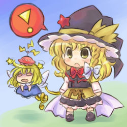 Rule 34 | !, 2girls, bad id, bad pixiv id, blonde hair, bow, braid, chibi, fairy, female focus, hair bow, hat, kirisame marisa, multiple girls, open mouth, pote (ptkan), star (symbol), touhou, ufo, undefined fantastic object, wings, witch, witch hat, yellow eyes