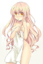 Rule 34 | 1girl, :o, blush, breasts, covering privates, groin, hetano yoko sukii, long hair, looking at viewer, naked towel, nipple slip, nipples, nude cover, open mouth, original, pink hair, simple background, solo, standing, towel, wet, white background, yellow eyes