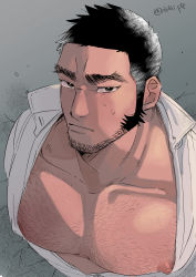 Rule 34 | 1boy, bara, bare pectorals, black hair, blush, bursting pectorals, buzz cut, chest hair, collarbone, facial hair, golden kamuy, hairy, highres, large pectorals, long sideburns, looking at viewer, male focus, mature male, muscular, muscular male, nipples, nzo (oishii pie), open clothes, open shirt, pectoral focus, pectorals, shirt, short hair, sideburns, solo, stubble, sweatdrop, tanigaki genjirou, thick eyebrows, upper body, very short hair, white shirt