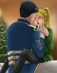 Rule 34 | 1boy, 1girl, adam malcovich, black pantyhose, blonde hair, blush, christmas tree, green eyes, hand on another&#039;s face, highres, hyoukai, jewelry, legs, long hair, metroid, metroid: other m, military, military uniform, nintendo, open mouth, pantyhose, ponytail, ring, saliva, saliva trail, samus aran, sitting, sitting on person, straddling, tongue, uniform, upright straddle
