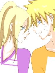 Rule 34 | 1boy, 1girl, anger vein, artist request, blonde hair, blue eyes, casual, eye contact, facial mark, heads together, long hair, looking at another, naruto, naruto (series), ponytail, short hair, simple background, spiked hair, sweatdrop, tagme, tongue, tongue out, uzumaki naruto, whisker markings, white background, yamanaka ino