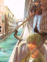 Rule 34 | 10s, 2girls, alternate hairstyle, anchovy (girls und panzer), bad id, bad pixiv id, black hair, boat, bow, braid, bridge, canal, casual, city, commentary, denim, closed eyes, faux traditional media, girls und panzer, gondola, green hair, grin, hair bow, happy, highres, jeans, multiple girls, pants, pepperoni (girls und panzer), ponytail, seven (seven8xxx), side braid, smile, vanishing point, venice, water, watercraft