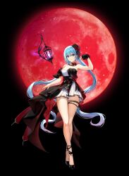 Rule 34 | 1girl, arm garter, armpits, bare arms, bare legs, bare shoulders, black background, black choker, black dress, black footwear, black hat, blue eyes, blue hair, breasts, choker, cleavage, closed mouth, closers, crossed legs, dress, floating hair, full body, hat, highres, lantern, long hair, looking at viewer, medium breasts, mini hat, moon, nail polish, non-web source, official art, pleated dress, red moon, red nails, shoes, short dress, skindentation, solo, standing, strapless, strapless dress, thigh strap, thighs, two-tone dress, very long hair, violet (closers), watson cross, white dress