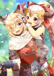 Rule 34 | 1boy, 1girl, :d, aliza (granblue fantasy), animal ear fluff, animal ears, bare shoulders, black thighhighs, blonde hair, blue eyes, blurry, blurry background, blush, bow, brown gloves, brown hair, brown pants, carrying, commentary request, commission, day, depth of field, draph, erune, feet out of frame, gloves, granblue fantasy, hair bow, hair over one eye, hand on another&#039;s ear, hand on another&#039;s head, horns, kou hiyoyo, long hair, long sleeves, open mouth, outdoors, pants, piggyback, ponytail, red bow, red eyes, red shirt, shirt, skeb commission, smile, stan (granblue fantasy), sweat, thighhighs, very long hair