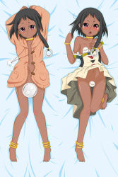 Rule 34 | .ico-sha, 10s, 1girl, aikousha (ico-sha), anklet, arms up, barefoot, bed sheet, bird, blush, bracelet, censored, choi mochimazzui, choker, clothes lift, convenient censoring, dakimakura (medium), dark skin, dera mochimazzui, dress, dress lift, feet, flat chest, food, groin, hair ornament, jewelry, long sleeves, looking at viewer, lots of jewelry, lying, mochi, multiple views, naked sweater, navel, necklace, no panties, novelty censor, on back, open mouth, purple eyes, short hair, sidelocks, strap slip, sweater, tamako market, tears, toes, tray, wagashi