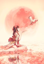 Rule 34 | 1girl, bare legs, bare shoulders, barefoot, blowing, brown hair, charm (object), clothing cutout, floral print, flower, hair flower, hair ornament, hairclip, hat, hat flower, heart, highres, japanese clothes, kimono, long hair, moon, original, parted lips, petals, pink flower, pink kimono, red eyes, red moon, reflection, shoulder cutout, sitting, solo, white hat, wind, zeniyan