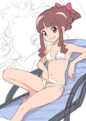 Rule 34 | 1girl, bikini, bikini bottom aside, bow, breasts, brown hair, cleft of venus, clenched teeth, clothing aside, commentary request, digimon, digimon (creature), digimon ghost game, embarrassed, flashing, hair bow, highres, kikurage (crayon arts), looking at another, looking at viewer, naughty face, pink bow, ponytail, purple eyes, pussy, pussy peek, side-tie bikini bottom, sitting, sketch, small breasts, smile, swimsuit, symbareangoramon, teeth, tsukiyono ruli, white bikini