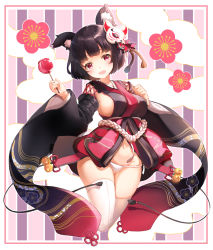 Rule 34 | 1girl, animal ears, azur lane, bad id, bad pixiv id, bell, black hair, black kimono, blush, border, breasts, candy apple, cat ears, cat mask, flower, food, front-seamed legwear, groin, hair flower, hair ornament, hand on own chest, head tilt, highres, holding, holding food, japanese clothes, jingle bell, kimono, kneeling, large breasts, long sleeves, looking at viewer, mask, mask on head, medium breasts, navel, no pants, obi, panties, pink border, sash, seamed legwear, shiosoda, short hair, sideboob, solo, stomach, striped, striped background, tareme, tassel, thighhighs, underwear, vertical stripes, white panties, white thighhighs, wide sleeves, yamashiro (azur lane)