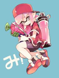 Rule 34 | 1girl, amezawa koma, backwards hat, baseball cap, bike shorts, black shorts, blue background, blunt bangs, closed mouth, commentary, floating, grey eyes, hat, highres, holding, holding weapon, ink tank (splatoon), inkling, inkling (language), inkling girl, inkling player character, looking at viewer, nintendo, pink hair, pointy ears, red footwear, red hat, red shirt, shirt, shoes, short hair, short sleeves, shorts, simple background, smile, solo, splatoon (series), splatoon 2, splattershot (splatoon), symbol-only commentary, tentacle hair, translated, weapon