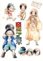 Rule 34 | 3boys, brothers, chikama (minka), copyright name, east blue, male focus, monkey d. luffy, multiple boys, one piece, painting (medium), portgas d. ace, sabo (one piece), shueisha, siblings, traditional media, translation request, watercolor (medium), aged down