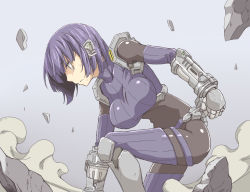 Rule 34 | 1girl, arm support, armor, armored boots, bikini, black bodysuit, bob cut, bodysuit, boots, borrowed character, breasts, broken, broken ground, clenched hand, commentary, detached sleeves, exoskeleton, from side, gauntlets, kneeling, large breasts, looking ahead, makino himeko (mos yen), metal bikini, mhjk (mos yen), on one knee, oteruko (wanabeee), purple bikini, purple hair, purple shirt, purple sleeves, purple thighhighs, ribbed shirt, rock, shards, shirt, short hair, sleeveless, sleeveless turtleneck, smoke, solo, squatting, superhero landing, swimsuit, swimsuit over clothes, thighhighs, turtleneck, white background
