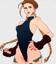 Rule 34 | 1girl, antenna hair, bare shoulders, beret, blonde hair, blue eyes, bodypaint, braid, breasts, cammy white, camouflage, clenched hand, elbow gloves, elina kuroe no daarin, covered erect nipples, fingerless gloves, gloves, hairline, hand on own hip, hat, leotard, lips, lipstick, long hair, makeup, parted lips, perky breasts, scar, sideboob, solo, standing, street fighter, thong leotard, twin braids
